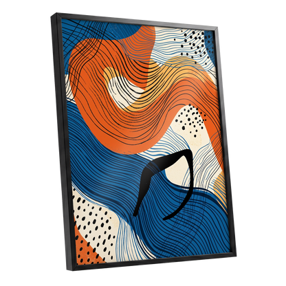 Contour Current, blue, orange, beige abstract wall art shown as a black framed poster wall art print