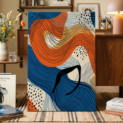 Contour Current, blue, orange, beige abstract wall art on canvas displayed in a styled interior, gallery view 1