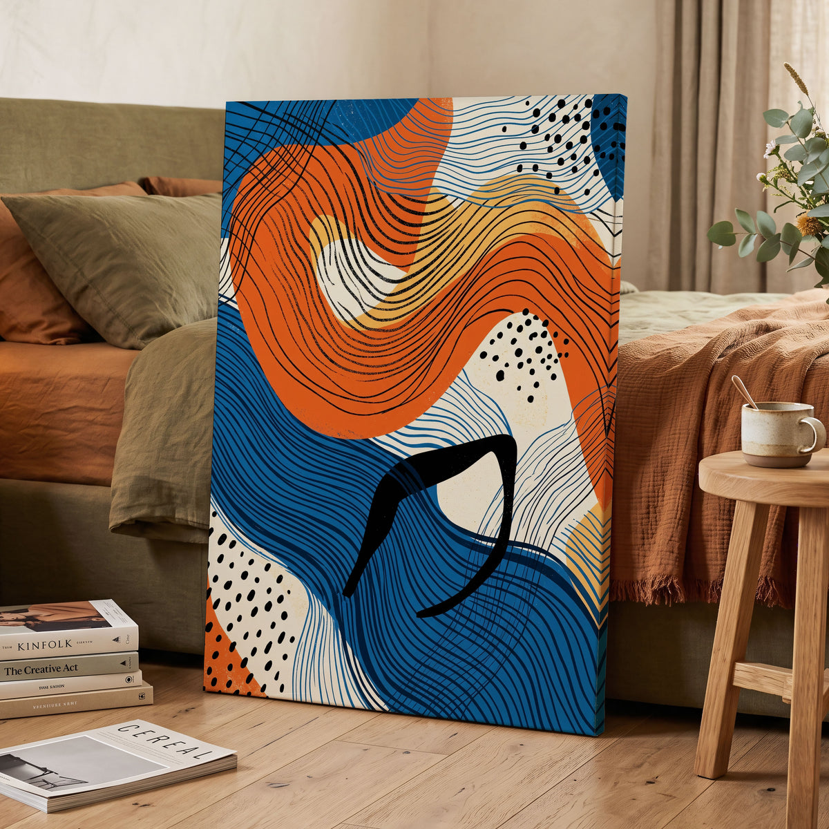 Contour Current, blue, orange, beige abstract wall art on canvas displayed in a styled interior, gallery view 2