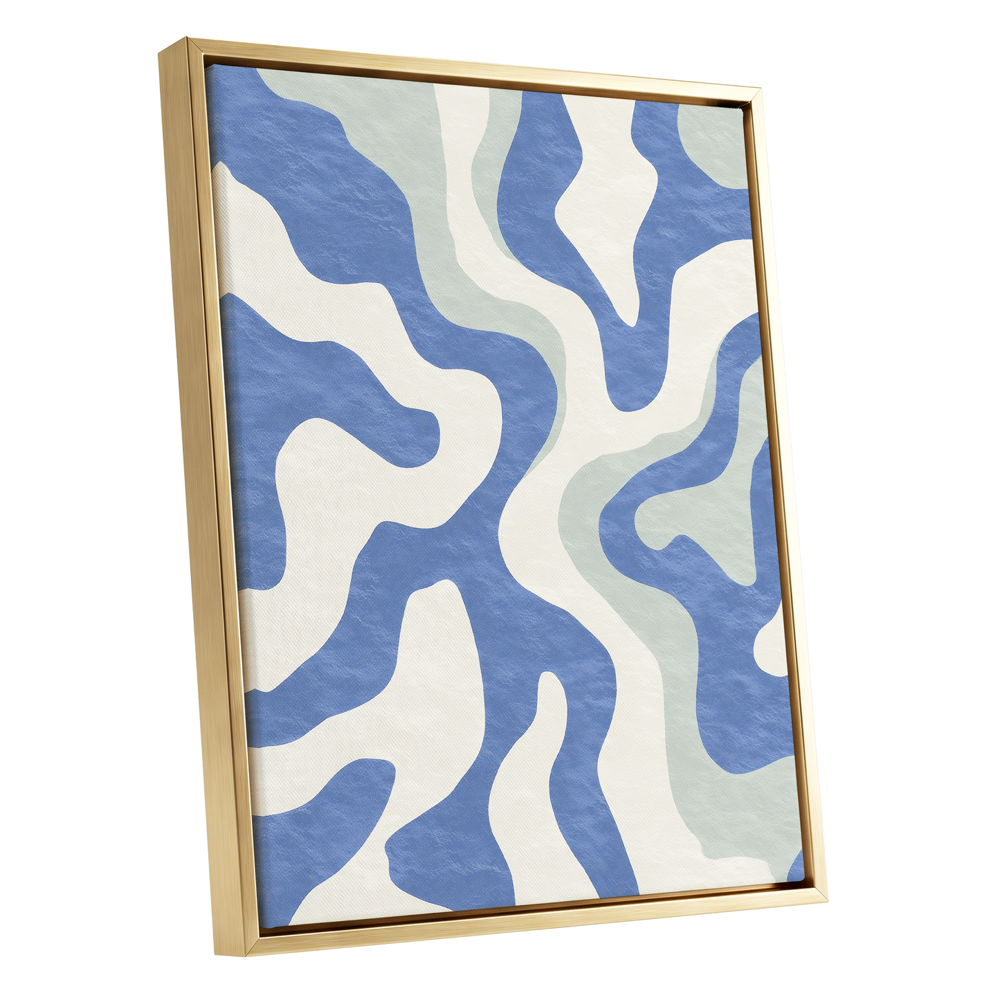 Contour Current, blue, white, green abstract wall art shown as a gold framed canvas wall art