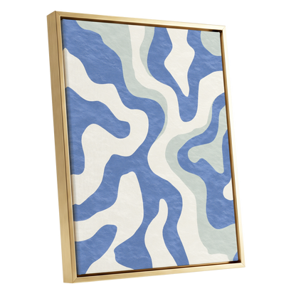 Contour Current, blue, white, green abstract wall art shown as a gold framed canvas wall art