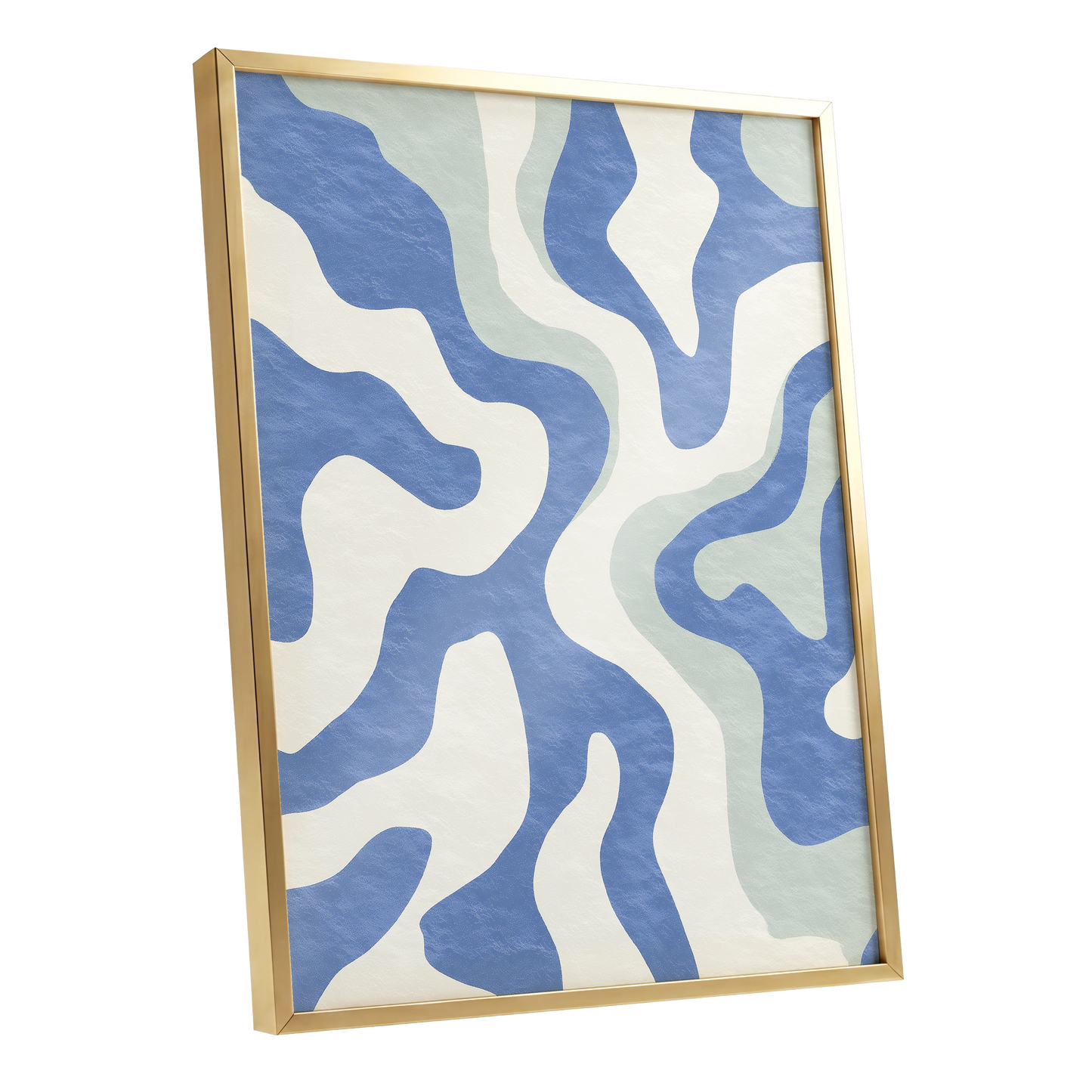 Contour Current, blue, white, green abstract wall art shown as a gold framed poster wall art print