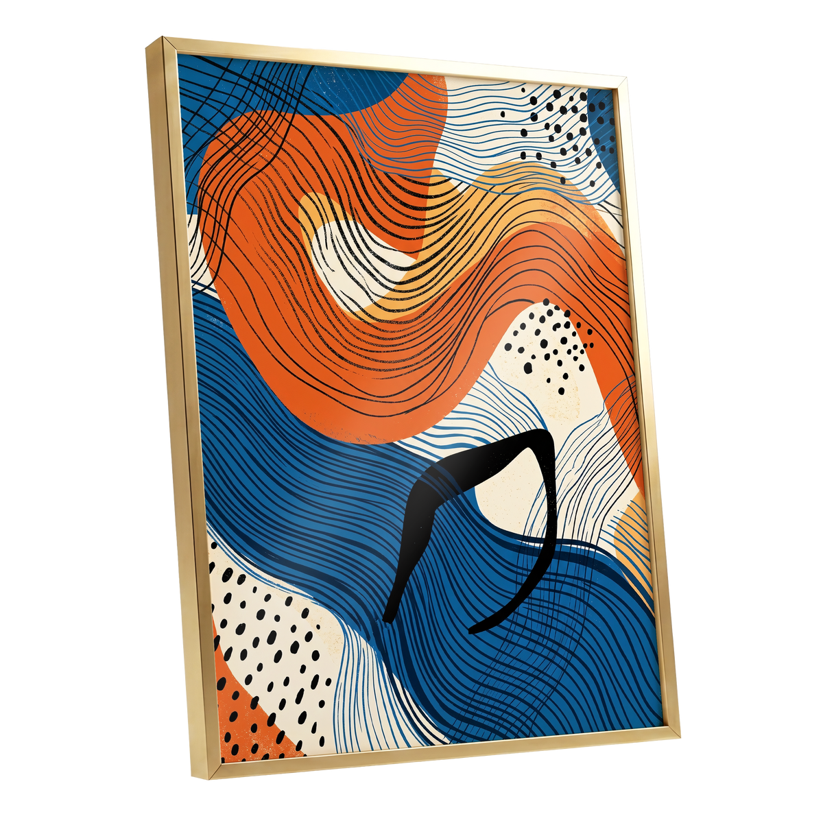 Contour Current, blue, orange, beige abstract wall art shown as a gold framed poster wall art print
