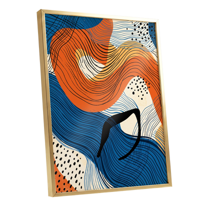 Contour Current, blue, orange, beige abstract wall art shown as a gold framed poster wall art print