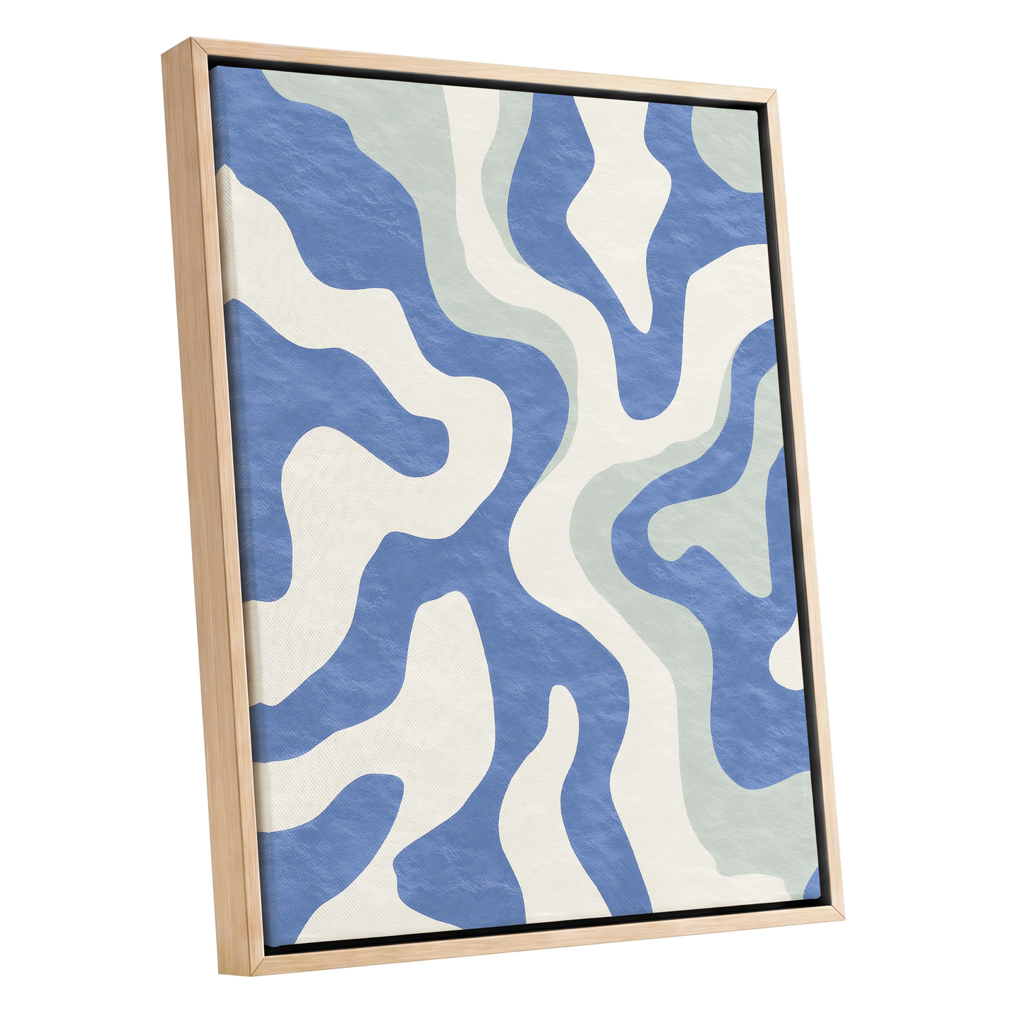 Contour Current, blue, white, green abstract wall art shown as a oak framed canvas wall art
