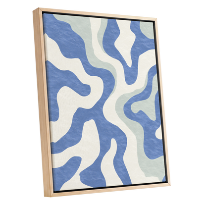 Contour Current, blue, white, green abstract wall art shown as a oak framed canvas wall art