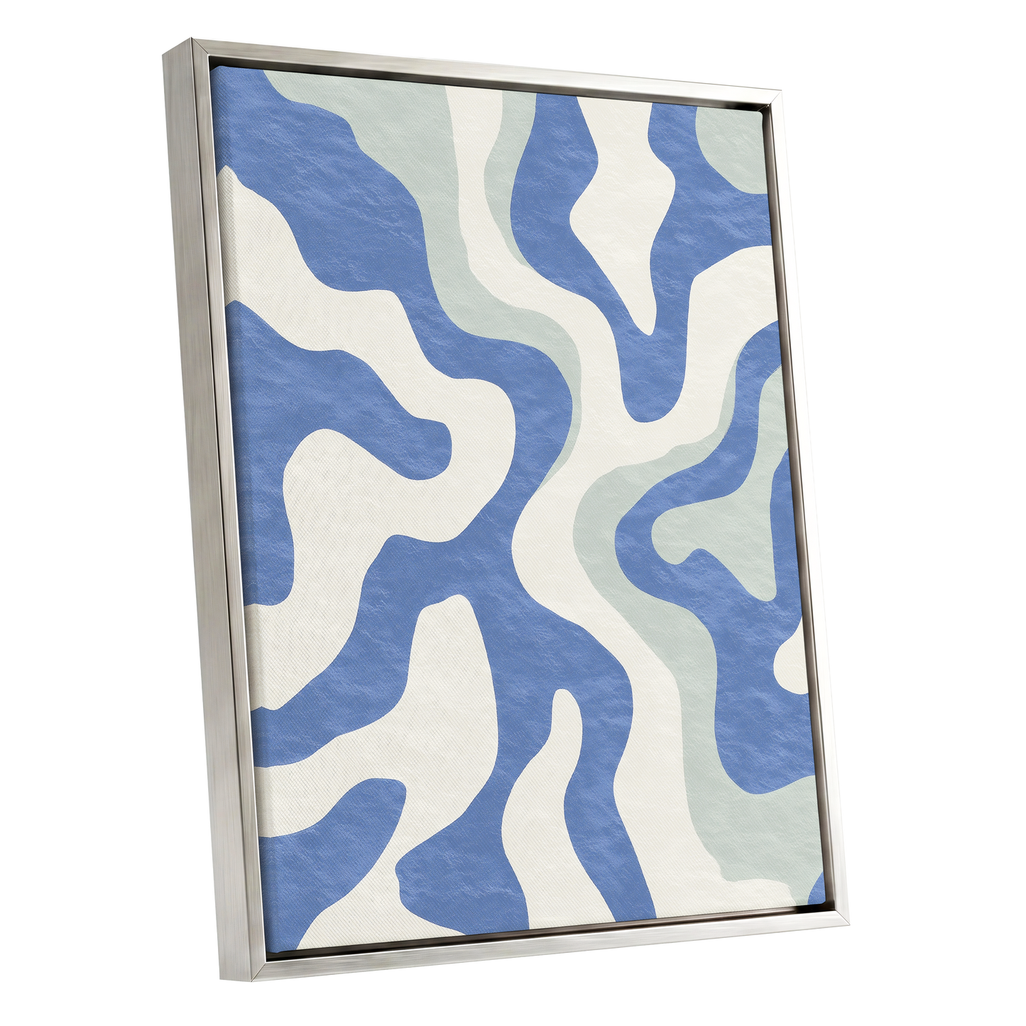 Contour Current, blue, white, green abstract wall art shown as a silver framed canvas wall art