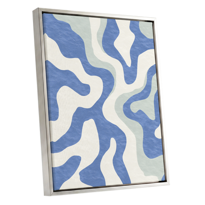 Contour Current, blue, white, green abstract wall art shown as a silver framed canvas wall art