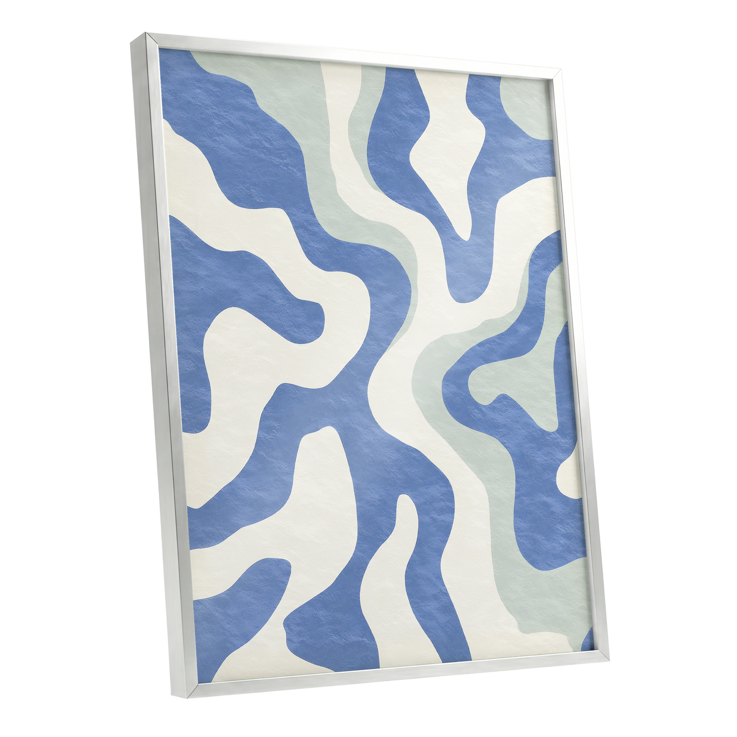 Contour Current, blue, white, green abstract wall art shown as a silver framed poster wall art print