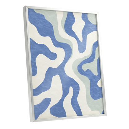 Contour Current, blue, white, green abstract wall art shown as a silver framed poster wall art print