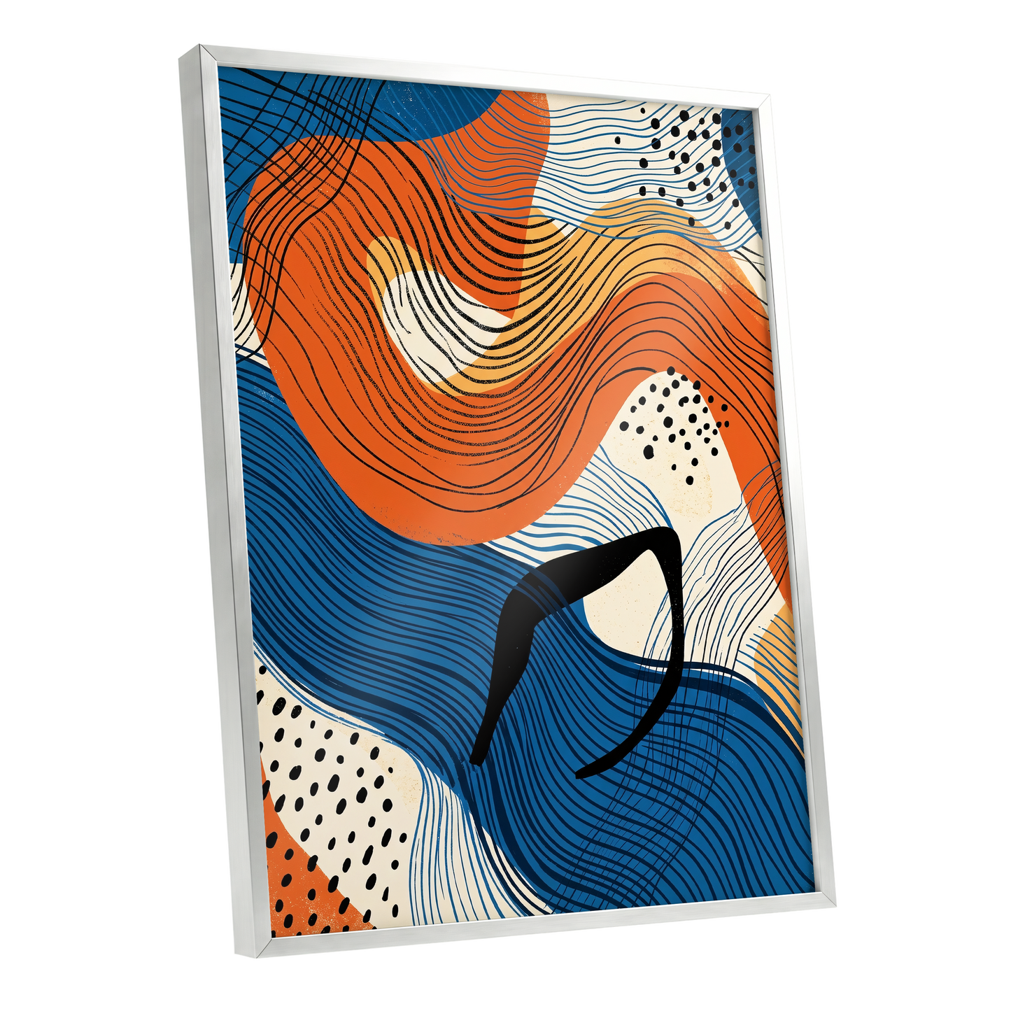 Contour Current, blue, orange, beige abstract wall art shown as a silver framed poster wall art print