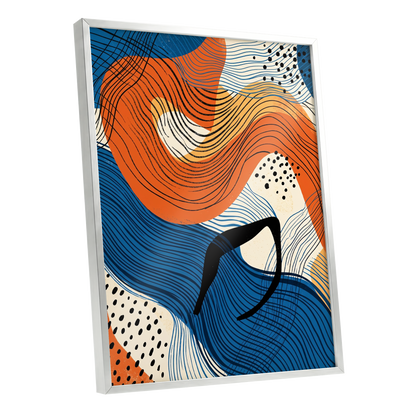 Contour Current, blue, orange, beige abstract wall art shown as a silver framed poster wall art print