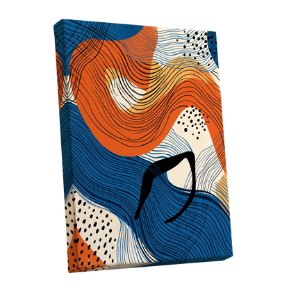 Contour Current, blue, orange, beige abstract wall art shown as a stretched canvas wall art