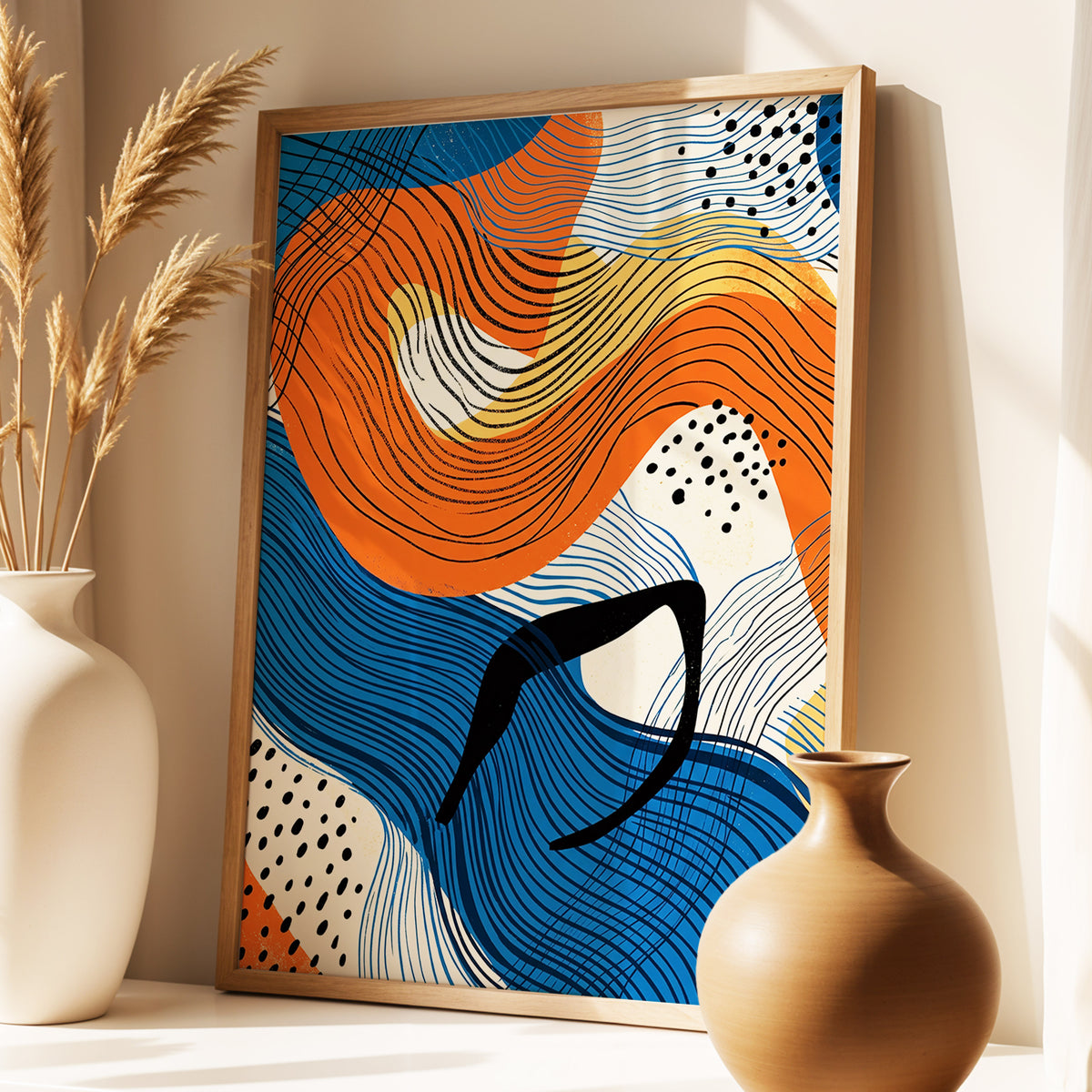 Contour Current, blue, orange, beige abstract wall art displayed in a styled interior, gallery view 1