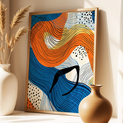 Contour Current, blue, orange, beige abstract wall art displayed in a styled interior, gallery view 1