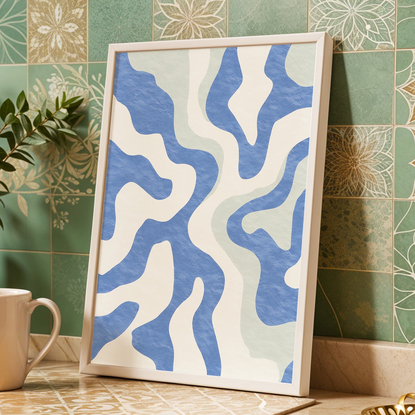 Contour Current, blue, white, green abstract wall art displayed in a styled interior, gallery view 2