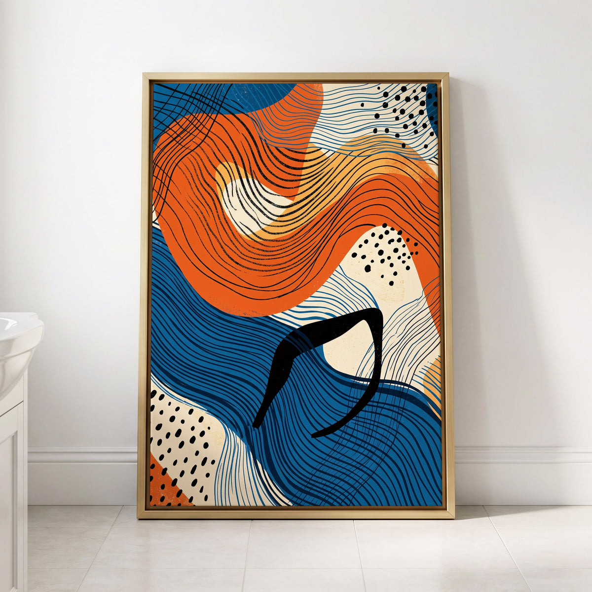 Contour Current, blue, orange, beige abstract wall art displayed in a styled interior, gallery view 2