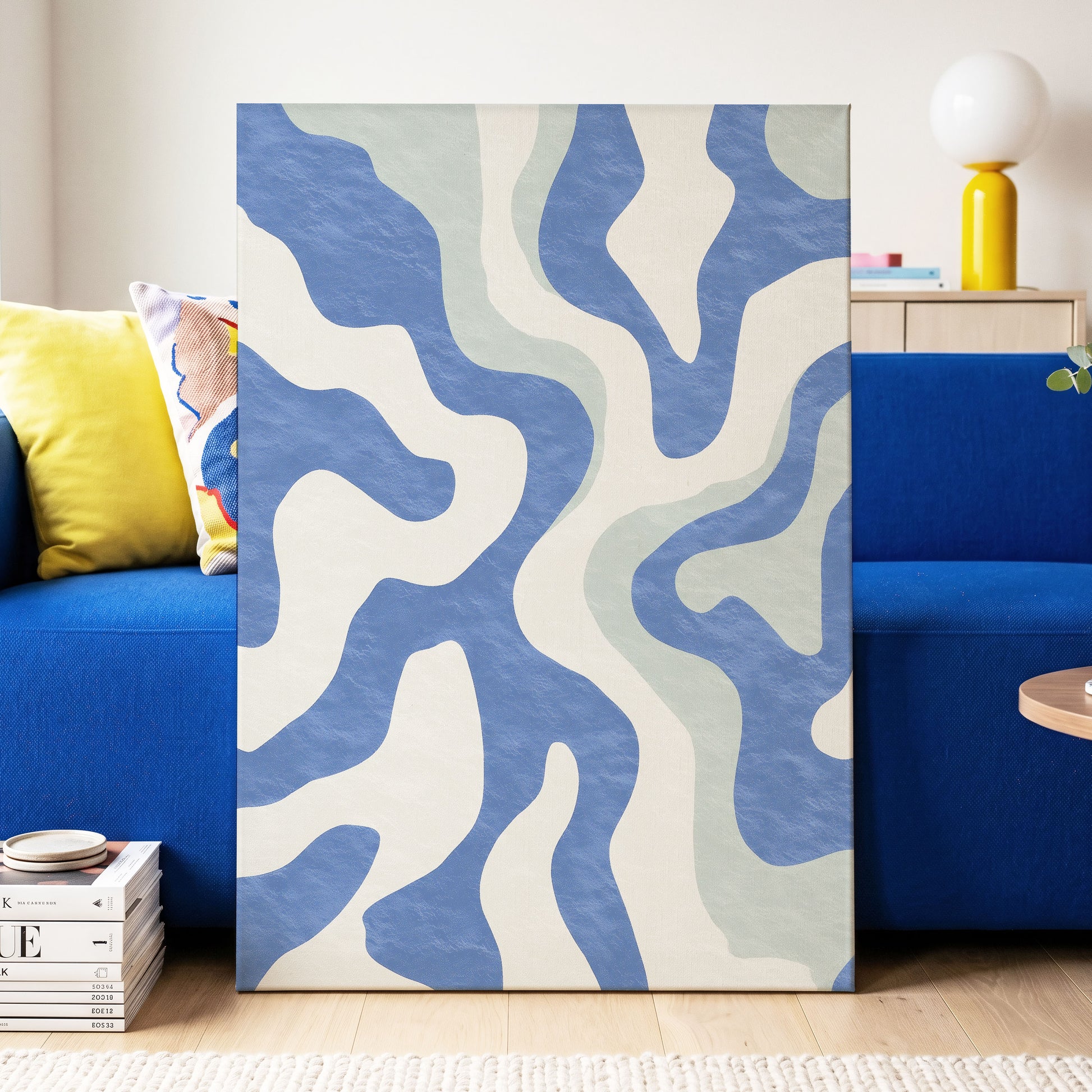 Contour Current, blue, white, green abstract wall art displayed in a styled interior, gallery view 3