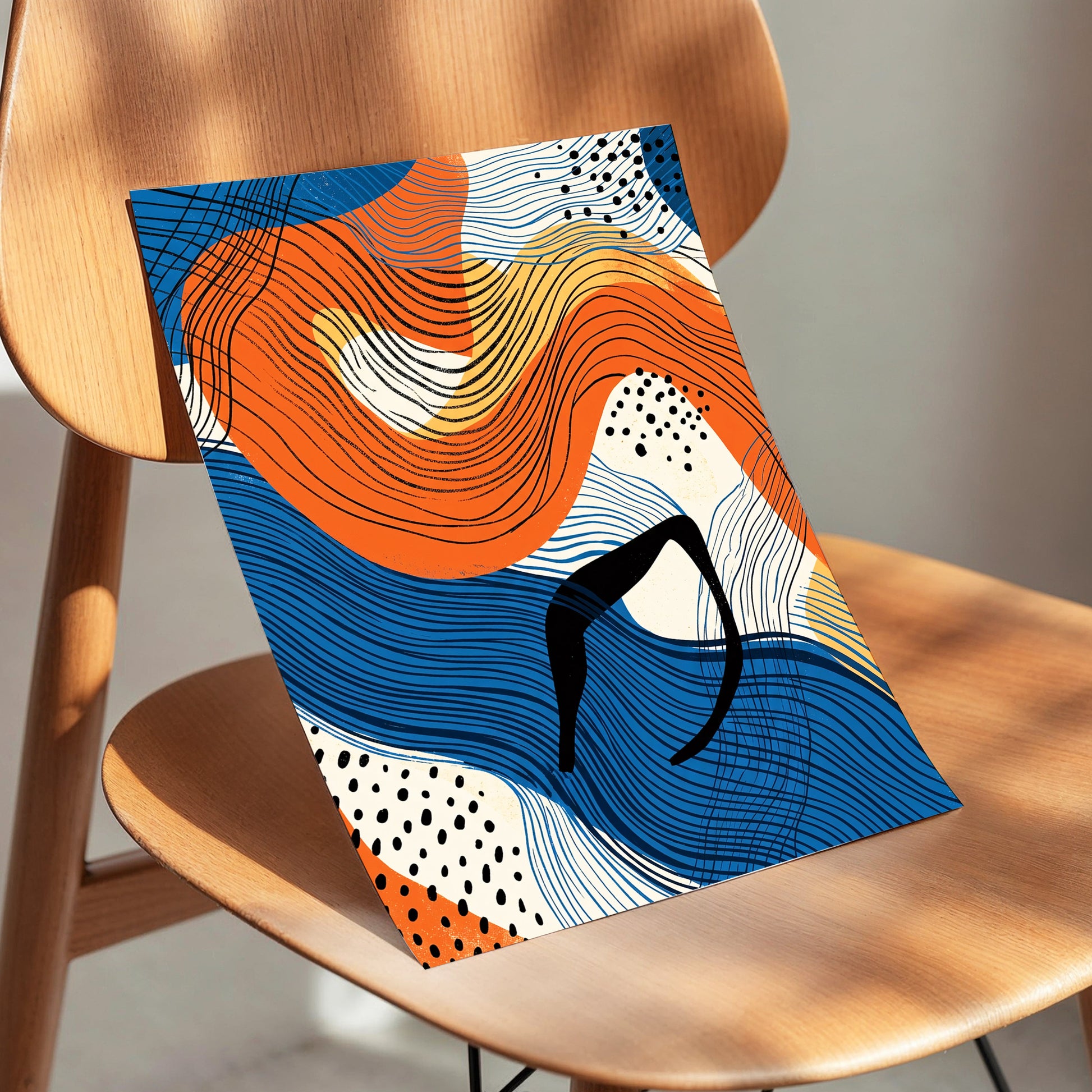 Contour Current, blue, orange, beige abstract wall art displayed in a styled interior, gallery view 3
