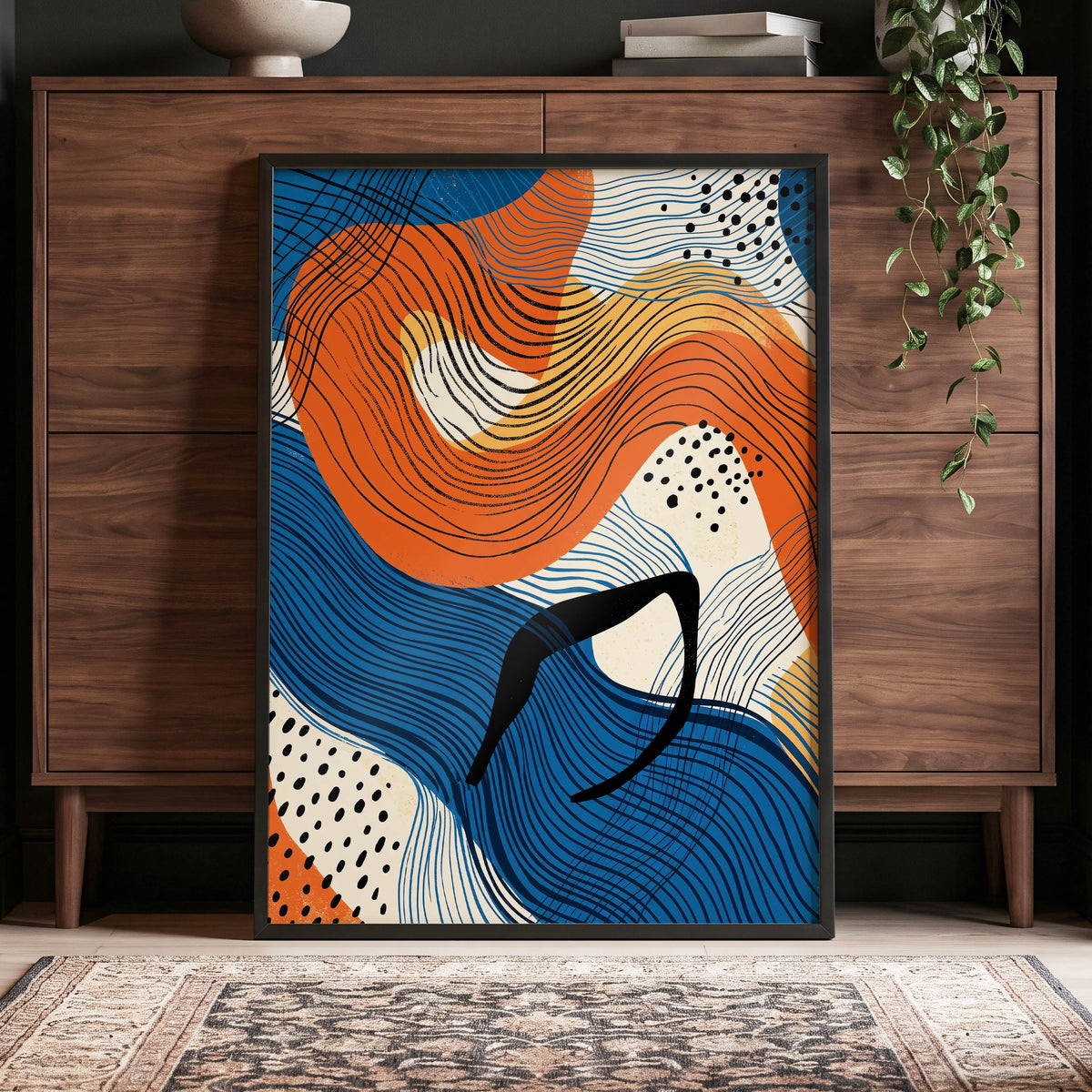 Contour Current, blue, orange, beige abstract wall art displayed in a styled interior, gallery view 4