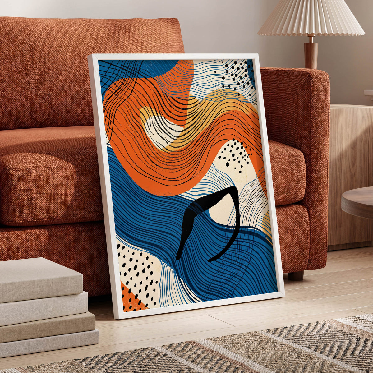 Contour Current, blue, orange, beige abstract wall art displayed in a styled interior, gallery view 5