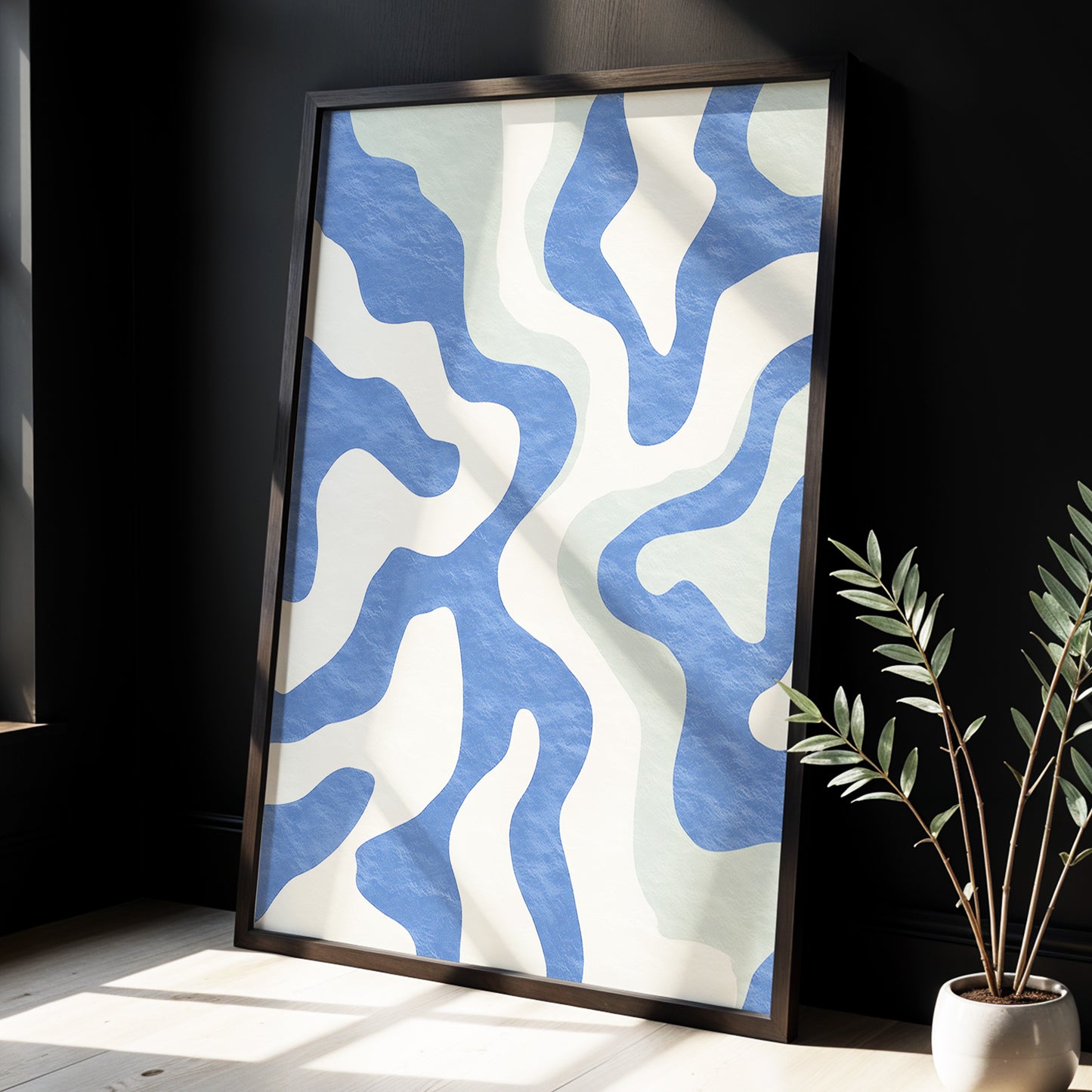 Contour Current, blue, white, green abstract wall art displayed in a styled interior, gallery view 6