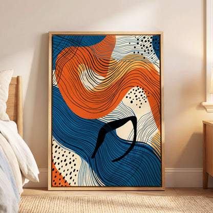 Contour Current, blue, orange, beige abstract wall art displayed in a styled interior, gallery view 6
