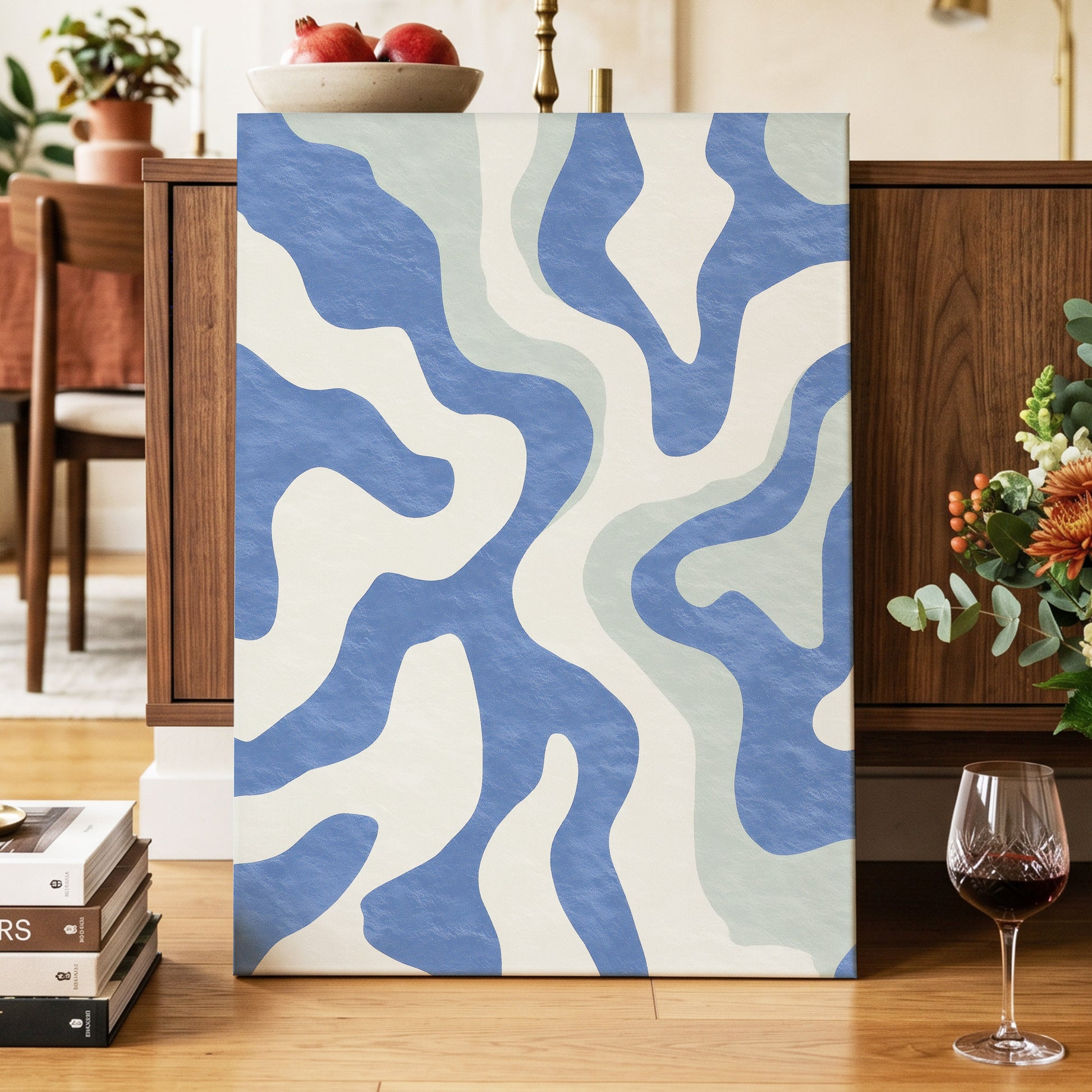 Contour Current, blue, white, green abstract wall art displayed in a styled interior, gallery view 7