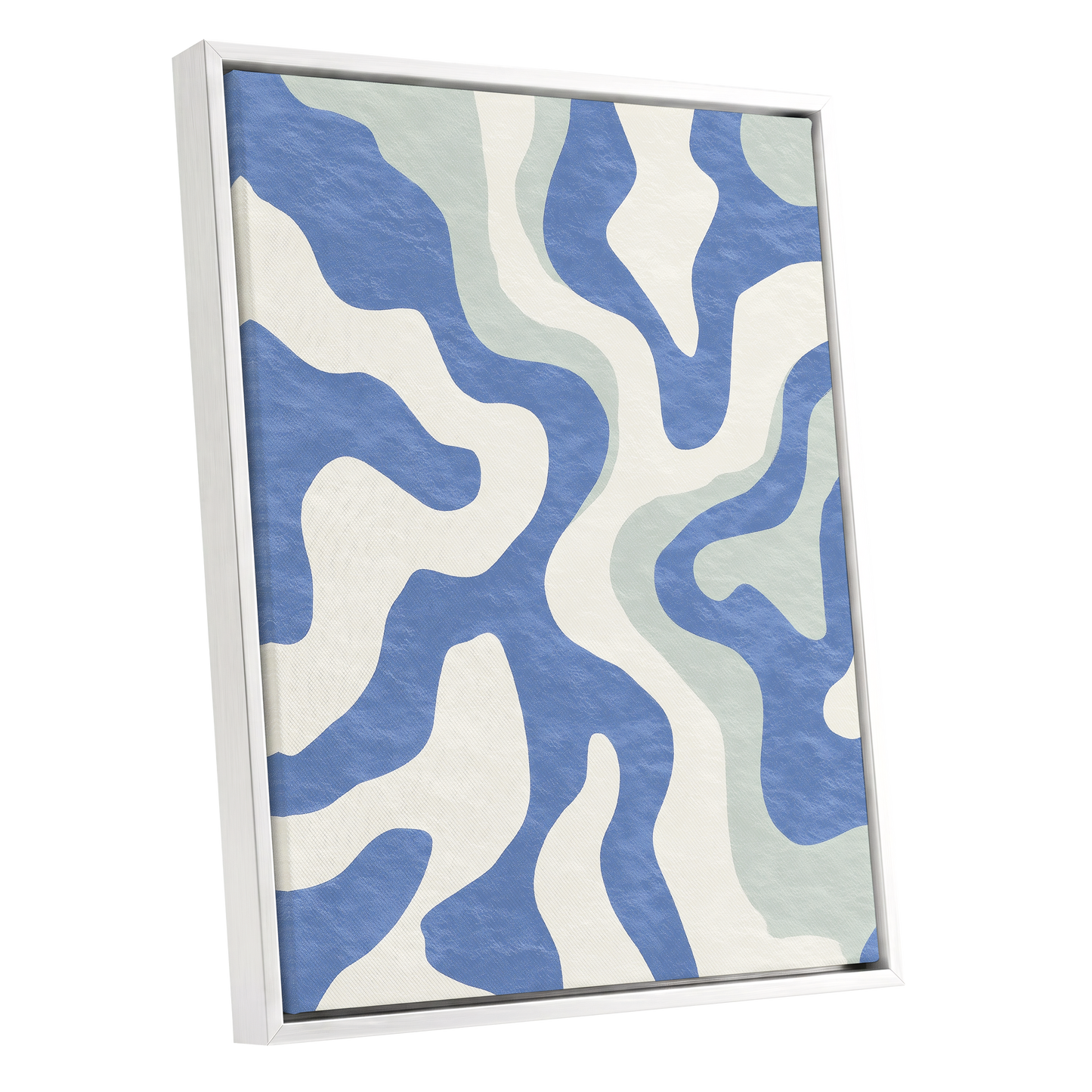 Contour Current, blue, white, green abstract wall art shown as a white framed canvas wall art