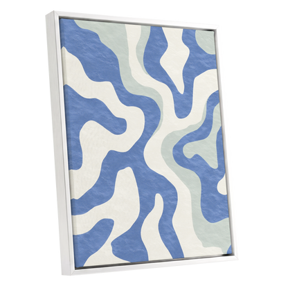 Contour Current, blue, white, green abstract wall art shown as a white framed canvas wall art