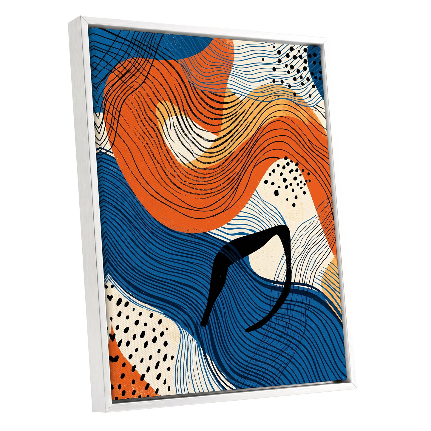 Contour Current, blue, orange, beige abstract wall art shown as a white framed canvas wall art
