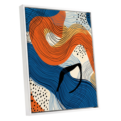 Contour Current, blue, orange, beige abstract wall art shown as a white framed canvas wall art