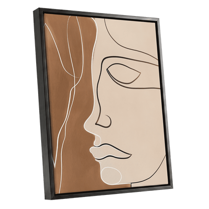 Contour in Quiet, beige, brown, black minimalist wall art shown as a black framed canvas wall art