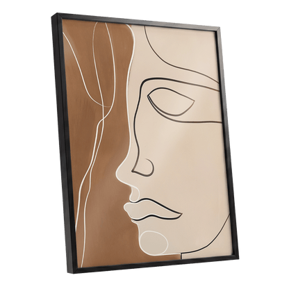 Contour in Quiet, beige, brown, black minimalist wall art shown as a black framed poster wall art print