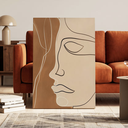 Contour in Quiet, beige, brown, black minimalist wall art on canvas displayed in a styled interior, gallery view 1