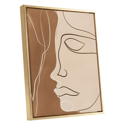 Contour in Quiet, beige, brown, black minimalist wall art shown as a gold framed canvas wall art