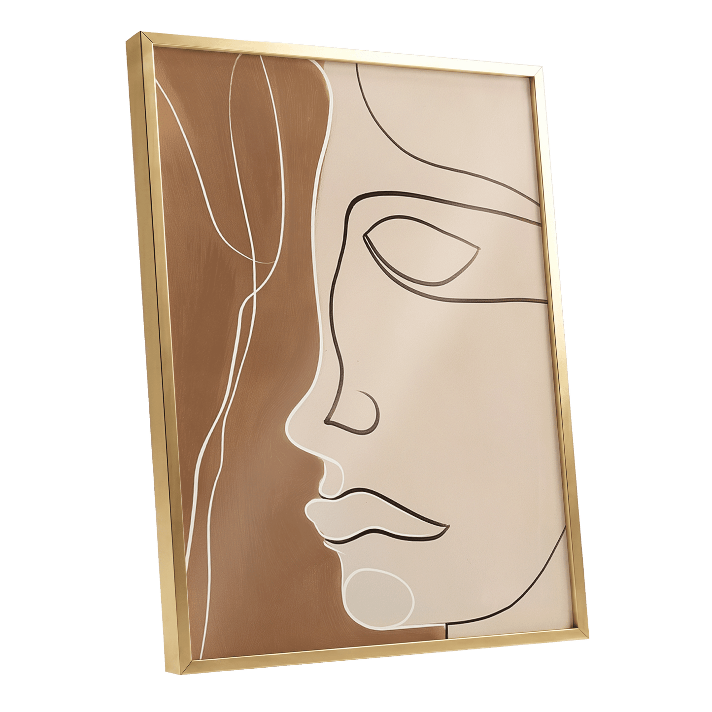 Contour in Quiet, beige, brown, black minimalist wall art shown as a gold framed poster wall art print