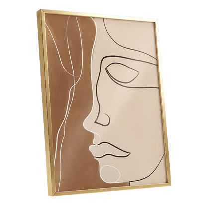 Contour in Quiet, beige, brown, black minimalist wall art shown as a gold framed poster wall art print