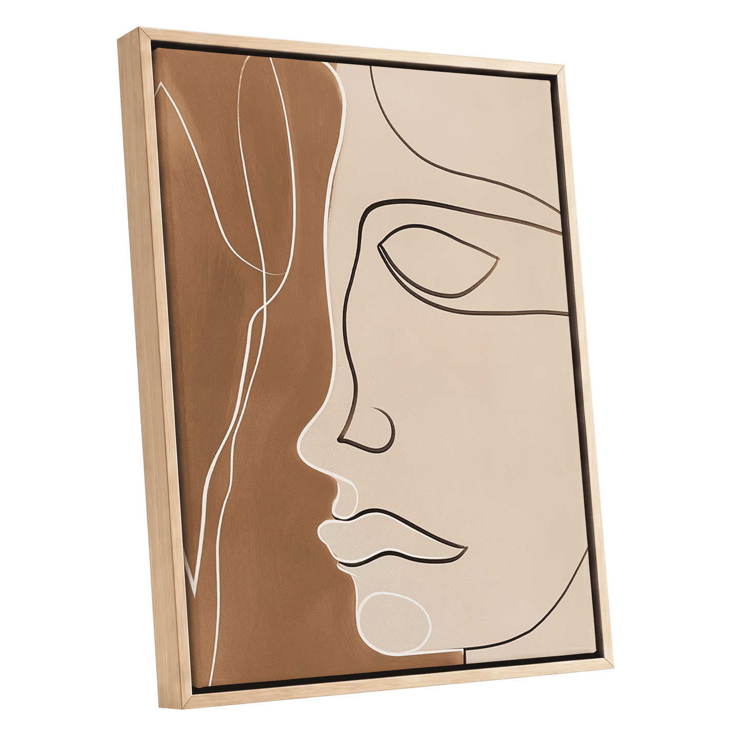 Contour in Quiet, beige, brown, black minimalist wall art shown as a oak framed canvas wall art