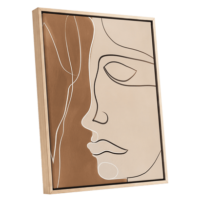 Contour in Quiet, beige, brown, black minimalist wall art shown as a oak framed canvas wall art