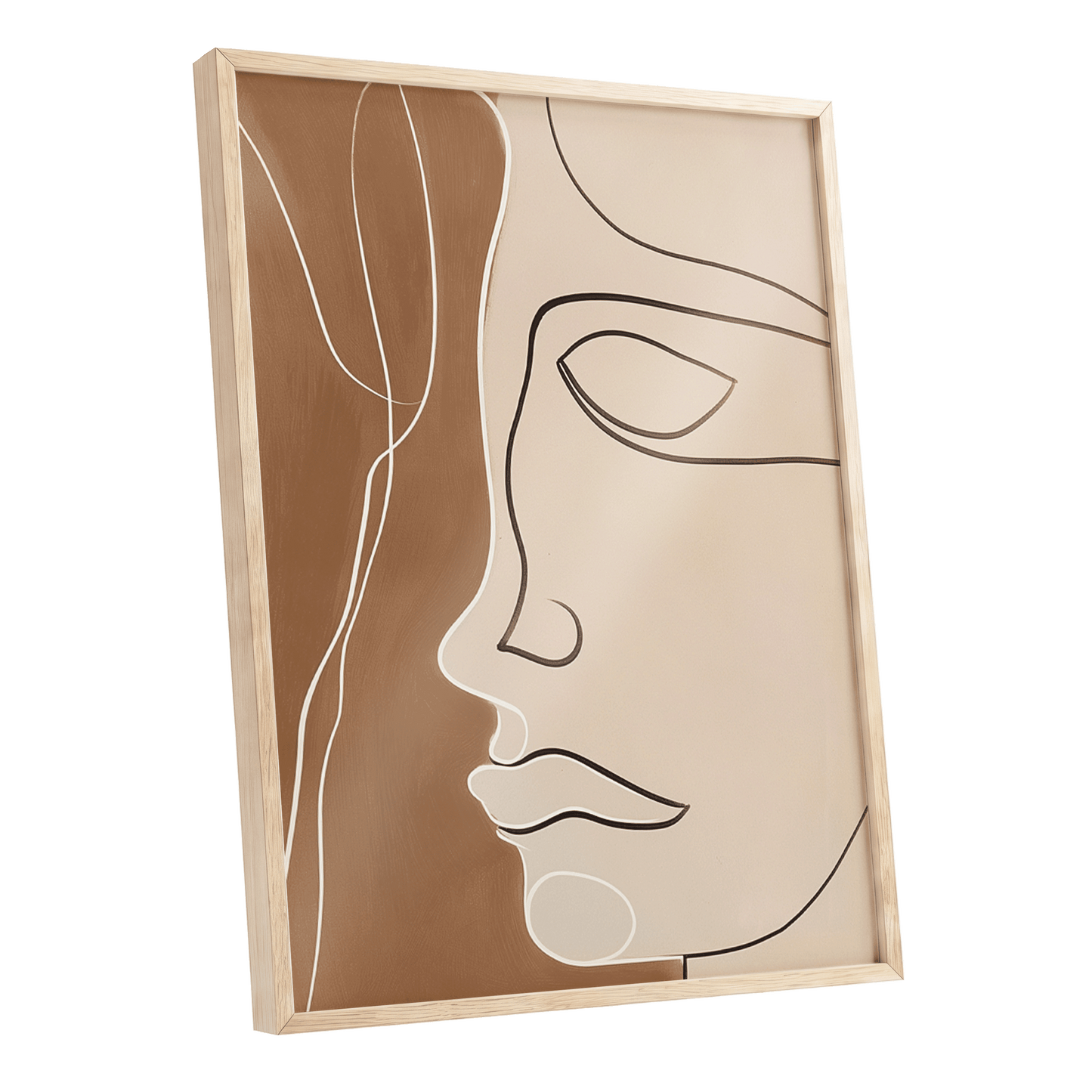 Contour in Quiet, beige, brown, black minimalist wall art shown as a oak framed poster wall art print