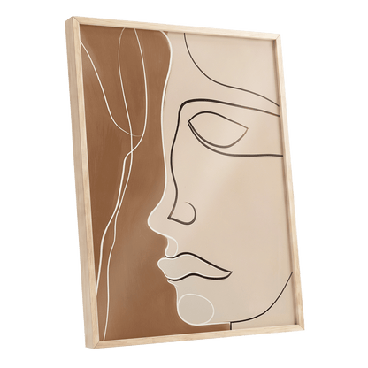 Contour in Quiet, beige, brown, black minimalist wall art shown as a oak framed poster wall art print