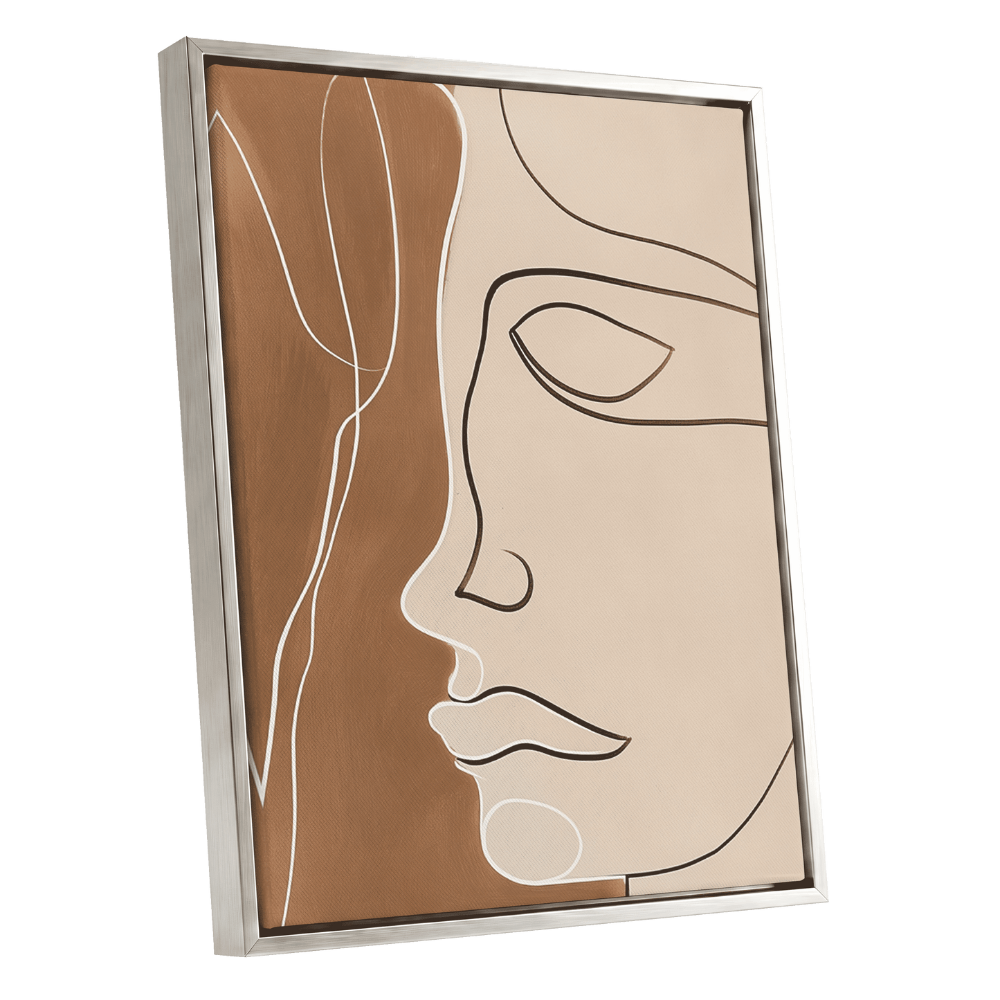 Contour in Quiet, beige, brown, black minimalist wall art shown as a silver framed canvas wall art