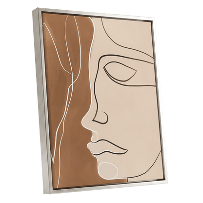 Contour in Quiet, beige, brown, black minimalist wall art shown as a silver framed canvas wall art