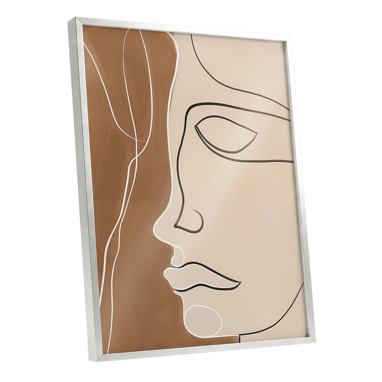 Contour in Quiet, beige, brown, black minimalist wall art shown as a silver framed poster wall art print