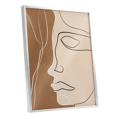 Contour in Quiet, beige, brown, black minimalist wall art shown as a silver framed poster wall art print