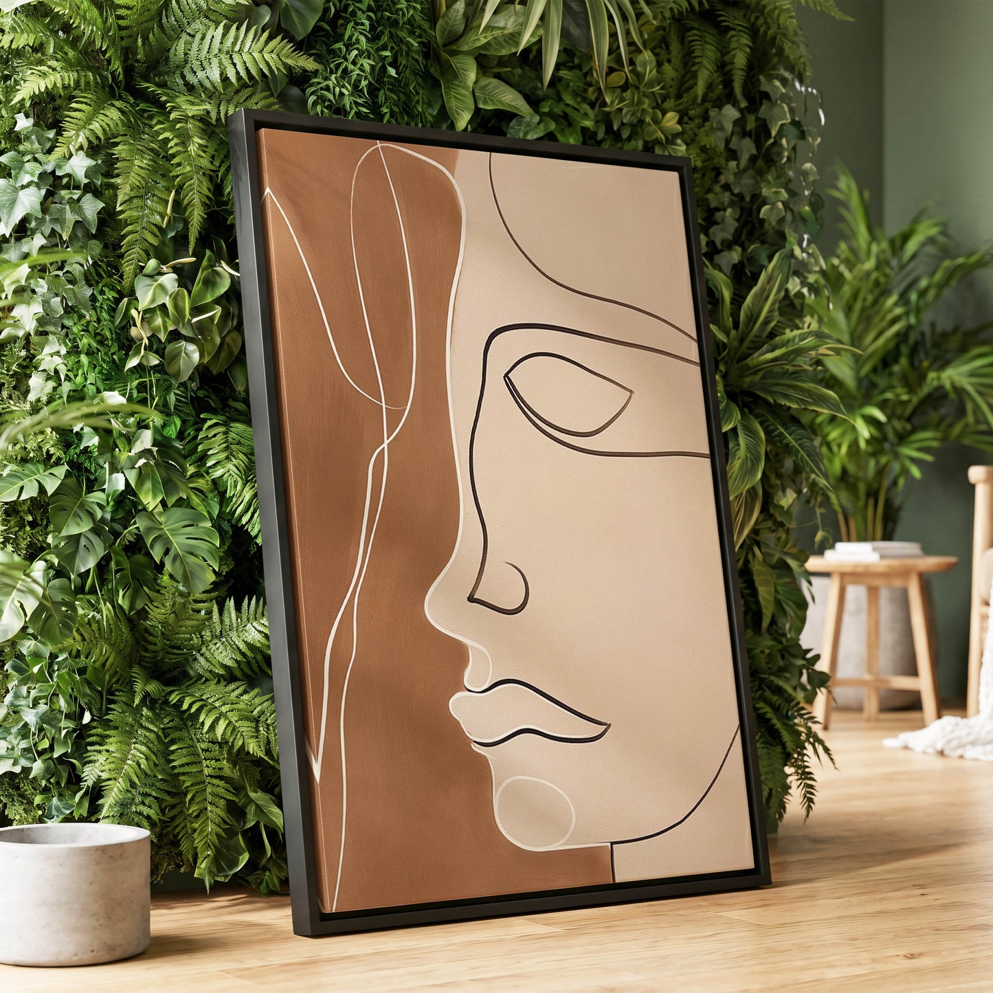 Contour in Quiet, beige, brown, black minimalist wall art displayed in a styled interior, gallery view 1