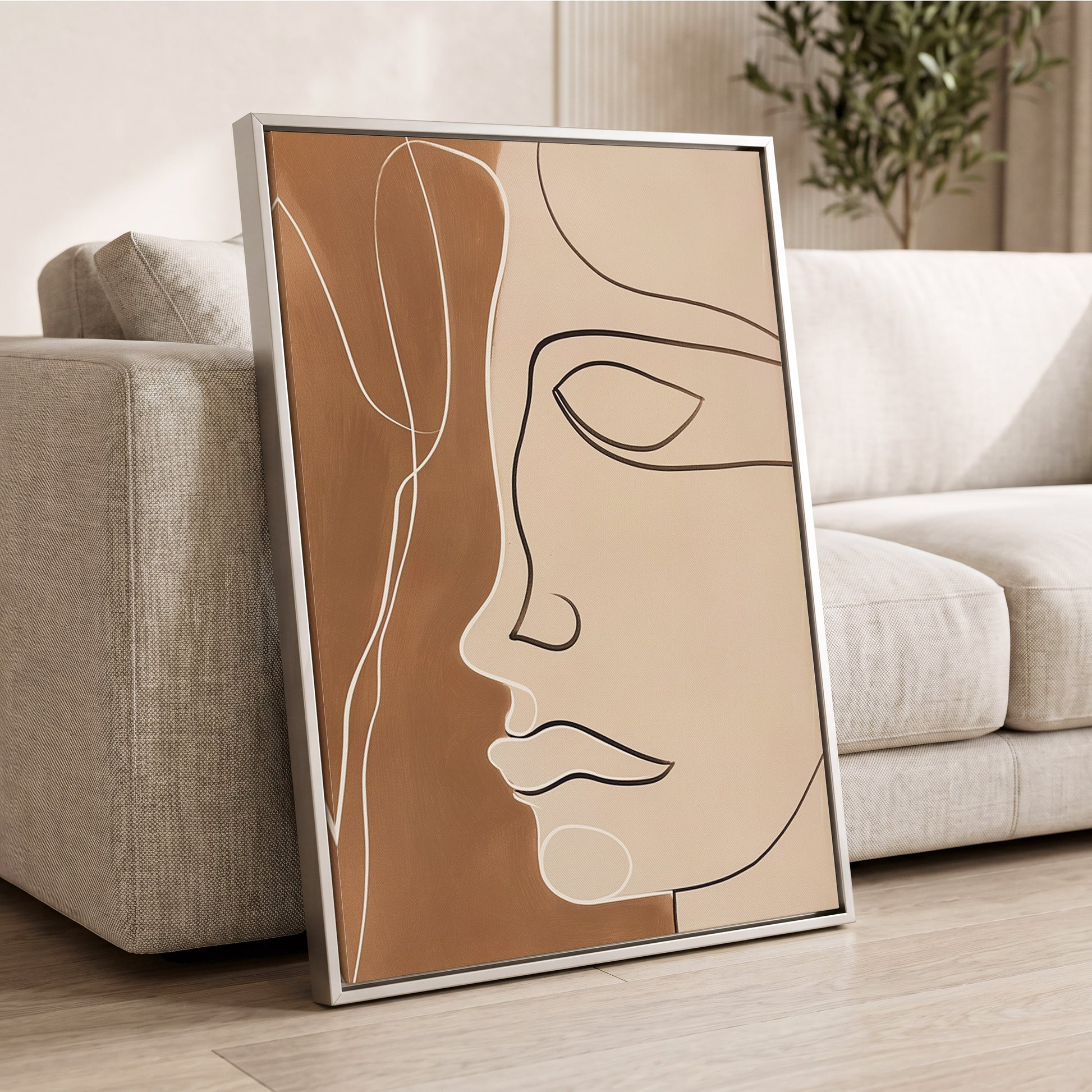 Contour in Quiet, beige, brown, black minimalist wall art displayed in a styled interior, gallery view 2