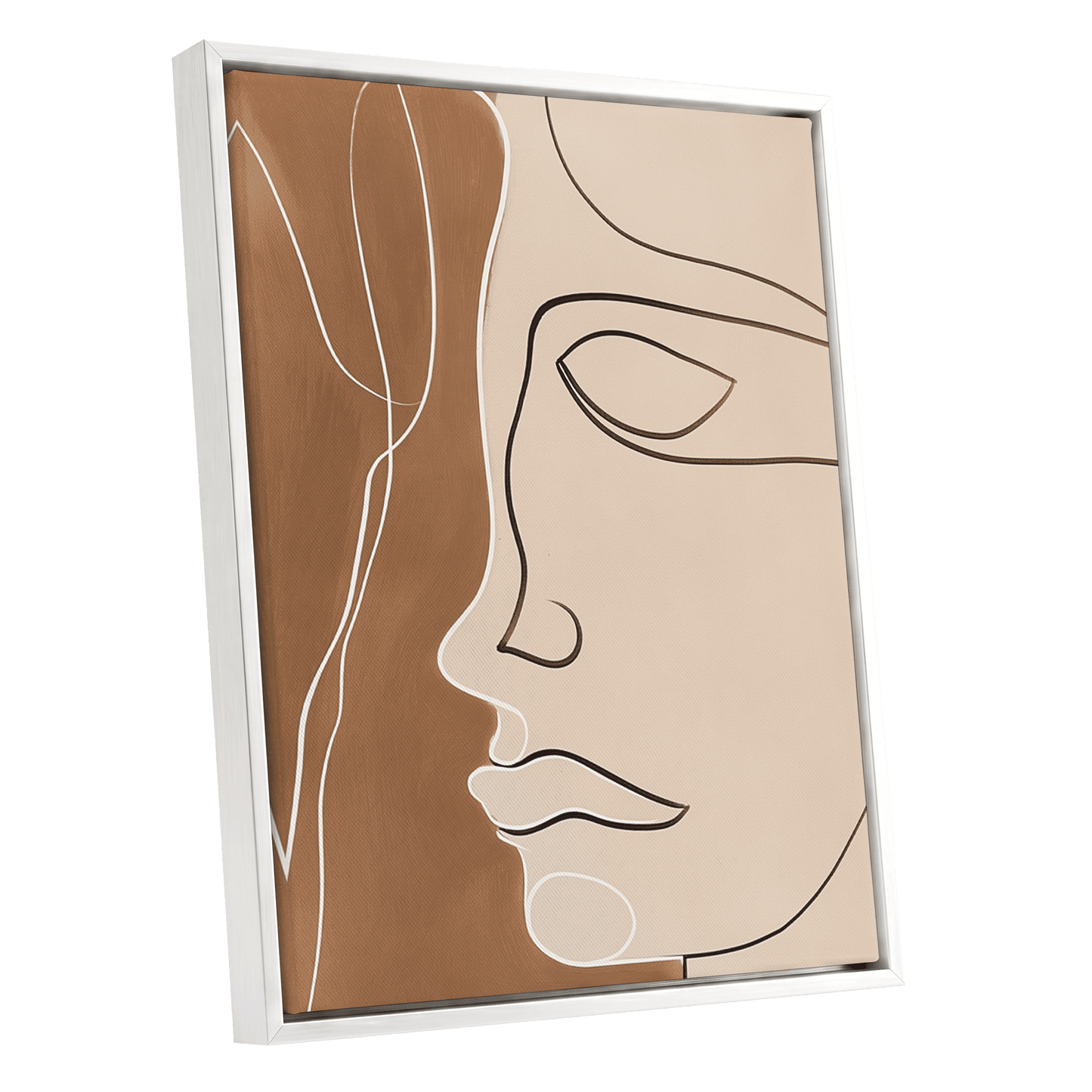 Contour in Quiet, beige, brown, black minimalist wall art shown as a white framed canvas wall art