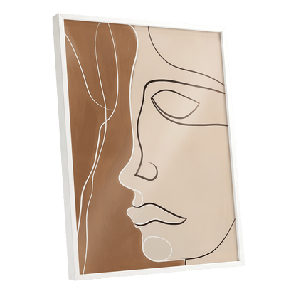 Contour in Quiet, beige, brown, black minimalist wall art shown as a white framed poster wall art print